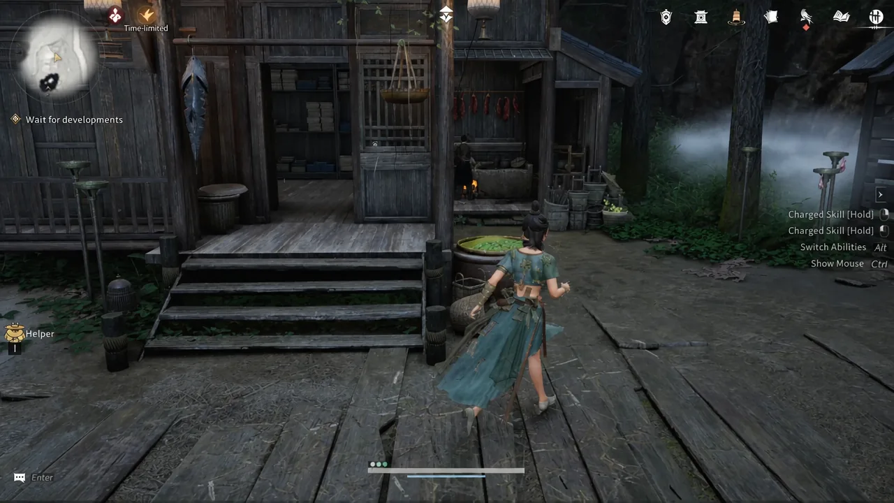 Wait for developments objective on screen as the character stands outside a wooden hut in Mirkvale