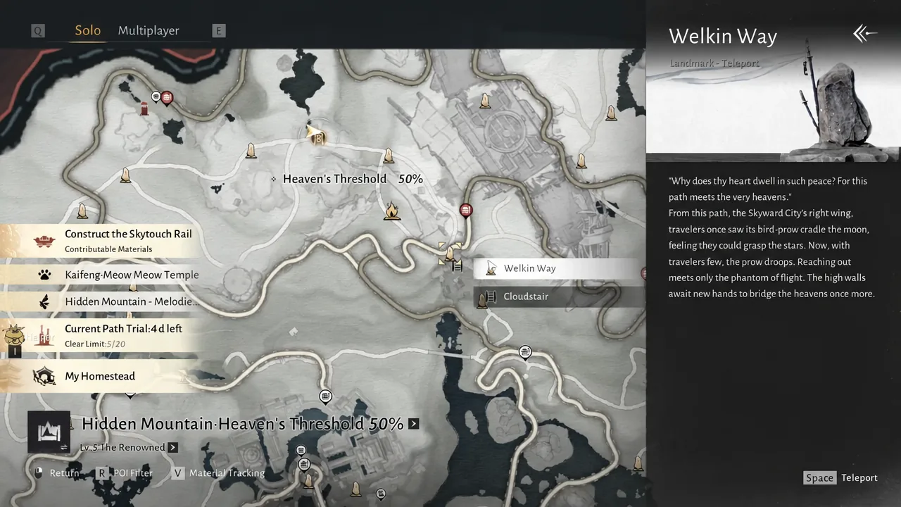 Welkin Way landmark selected on the map with the Landmark Teleport panel open
