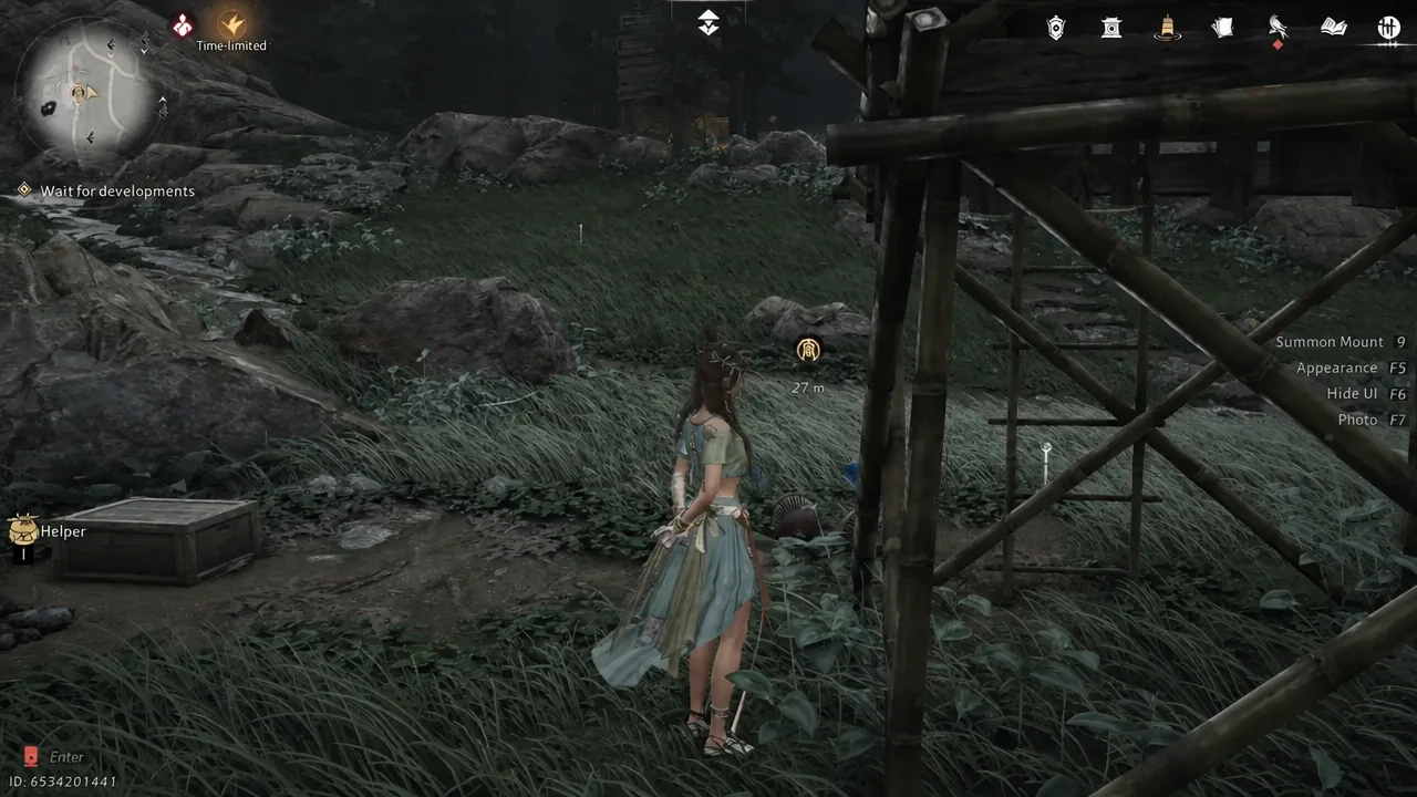 Character waiting near the marked objective in Mirkvale during the eavesdropping step