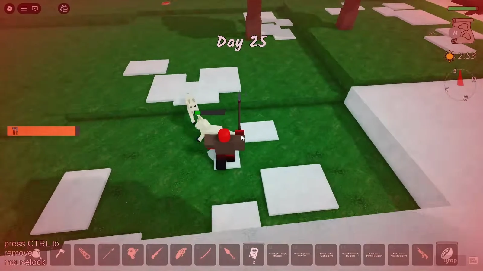 Day 25 snow biome combat, player swinging a red club at a white creature with a health bar