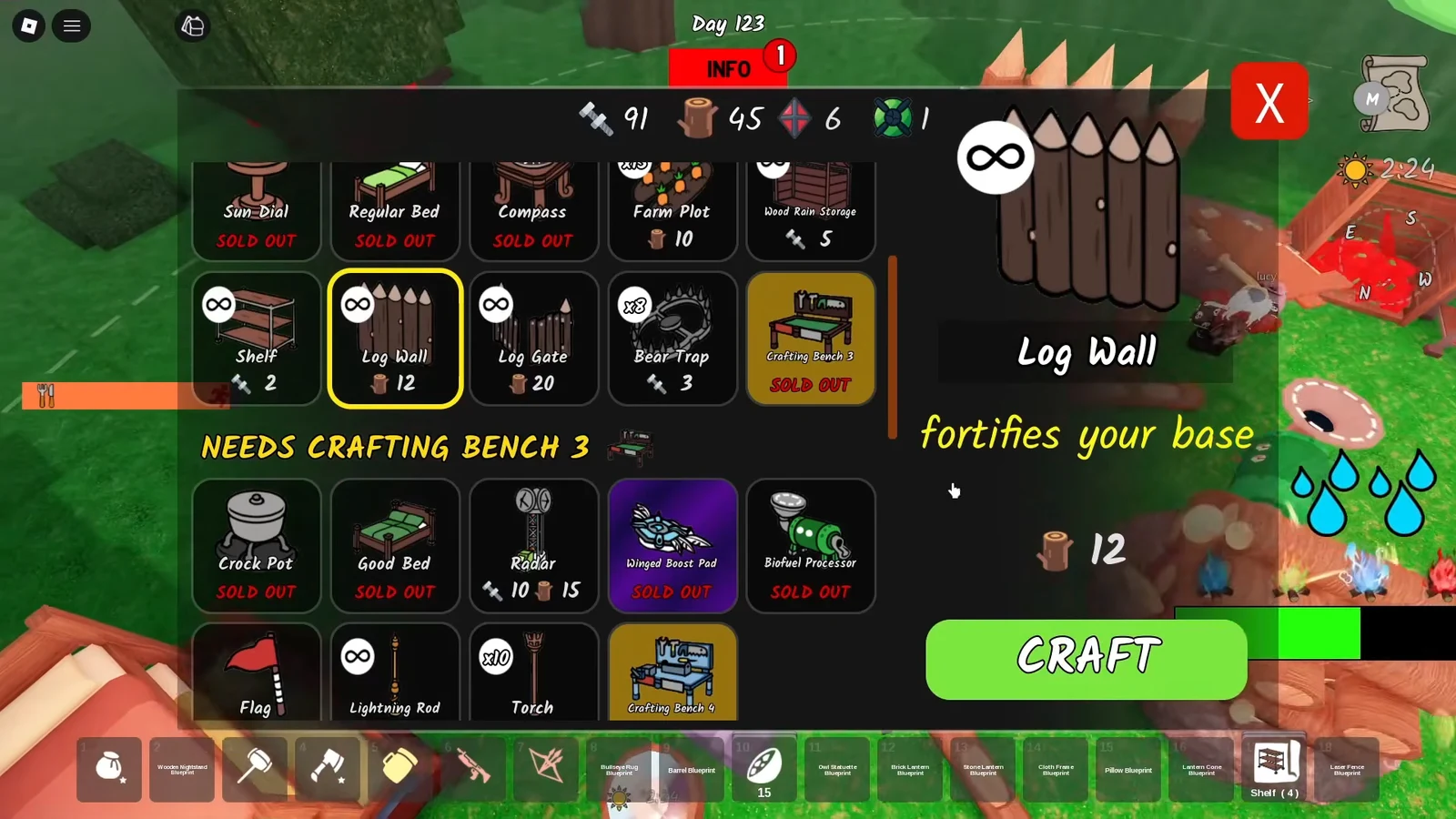 INFO crafting menu with Log Wall selected, showing its description and a green CRAFT button