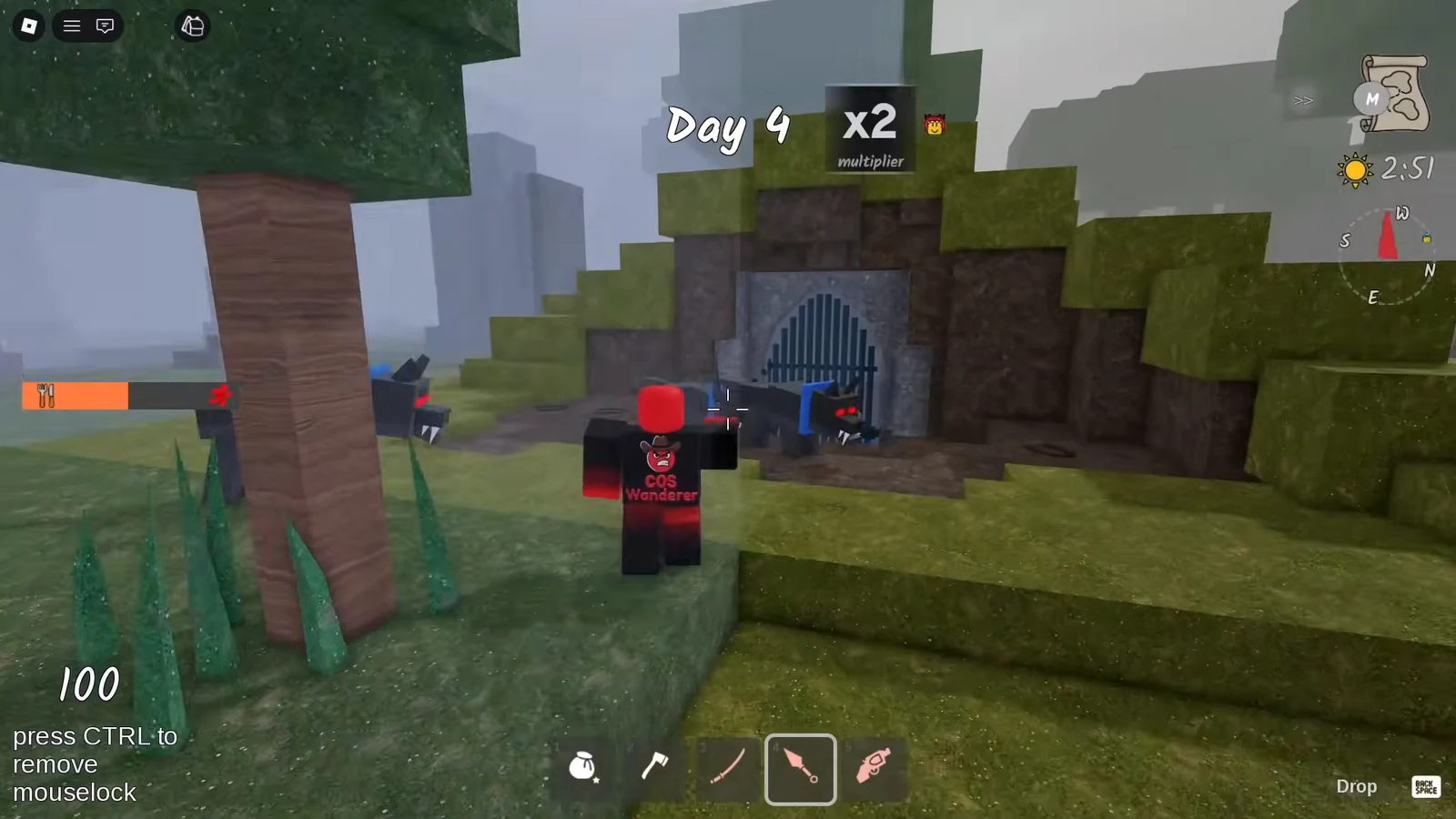 Day 4 gameplay with a knife equipped in the hotbar approaching a barred cave entrance