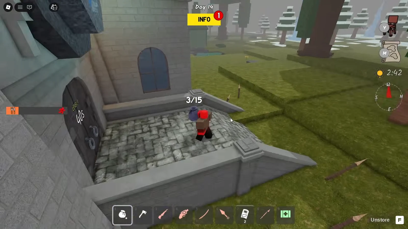 Command Ship interior with a grenade selected in the hotbar and an Unstore F prompt near a doorway