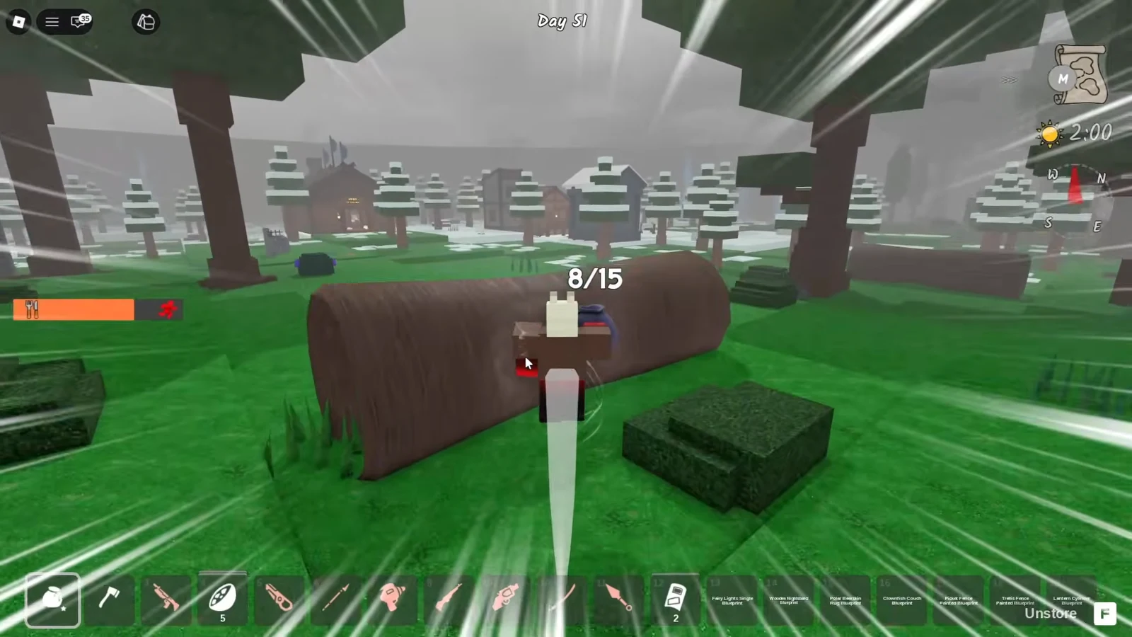 Day 51 placement preview aimed at a fallen log with the Unstore F prompt visible