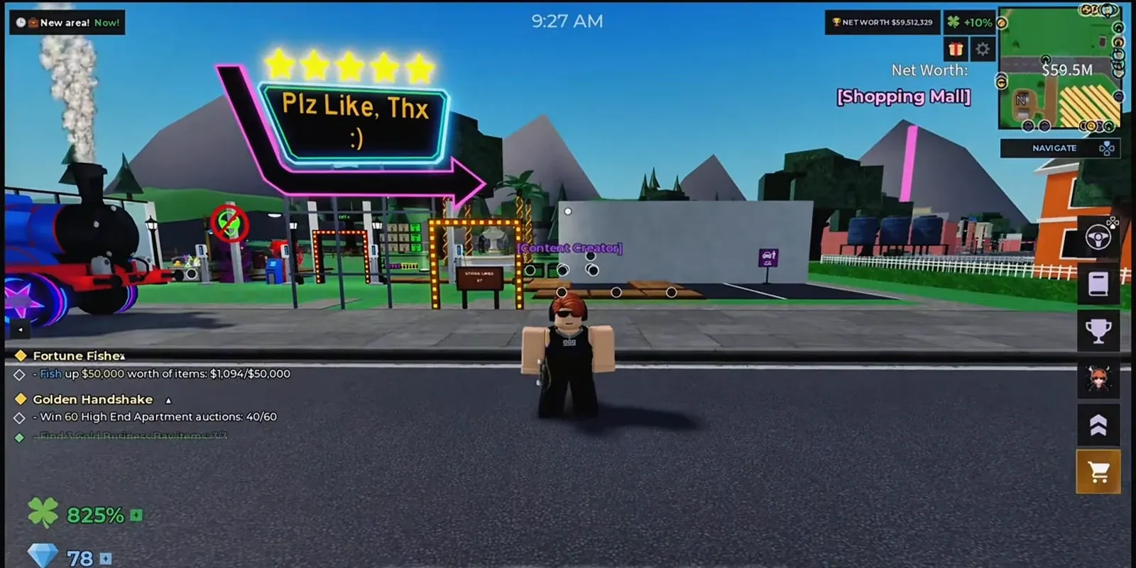 Avatar standing outside the Shopping Mall location with navigation and quests on screen
