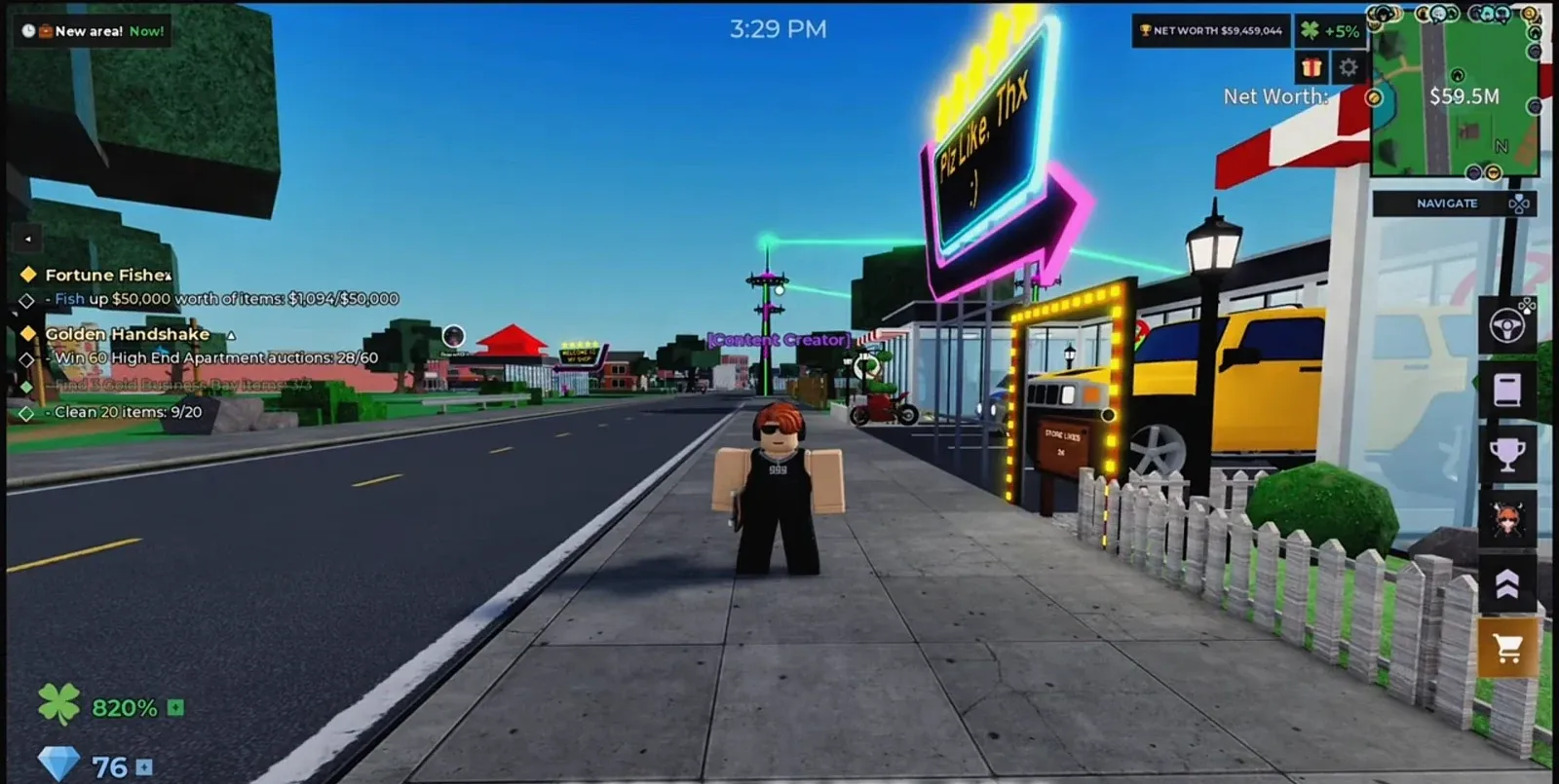 Avatar standing roadside in the city with the quest tracker and minimap visible