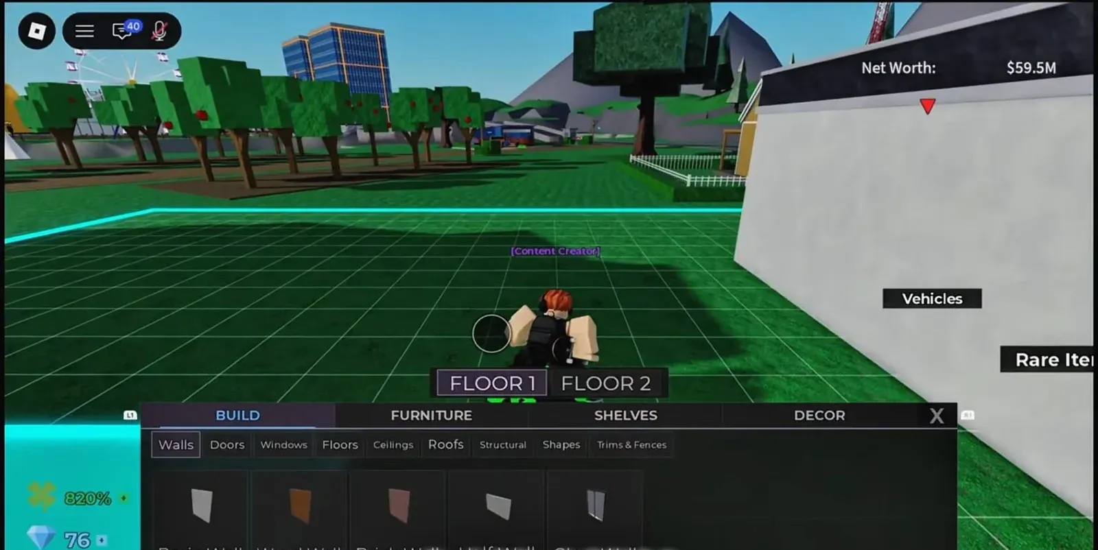 Build menu open on the Walls tab showing wall types for Floor 1