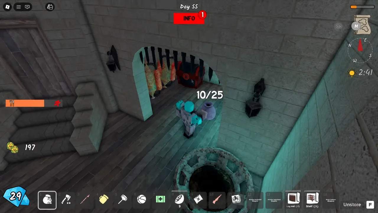 Player standing beside storage shelves on Day 55 with the red info button flagging a new notification.