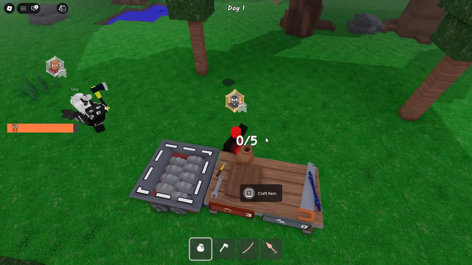 Workbench interaction with the E Craft Item prompt highlighted before crafting a structure.