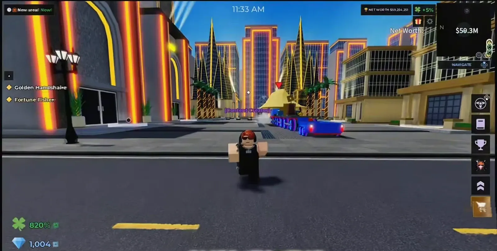 City gameplay view heading toward the Content Creator area with Golden Handshake and Fortune Fisher quests listed