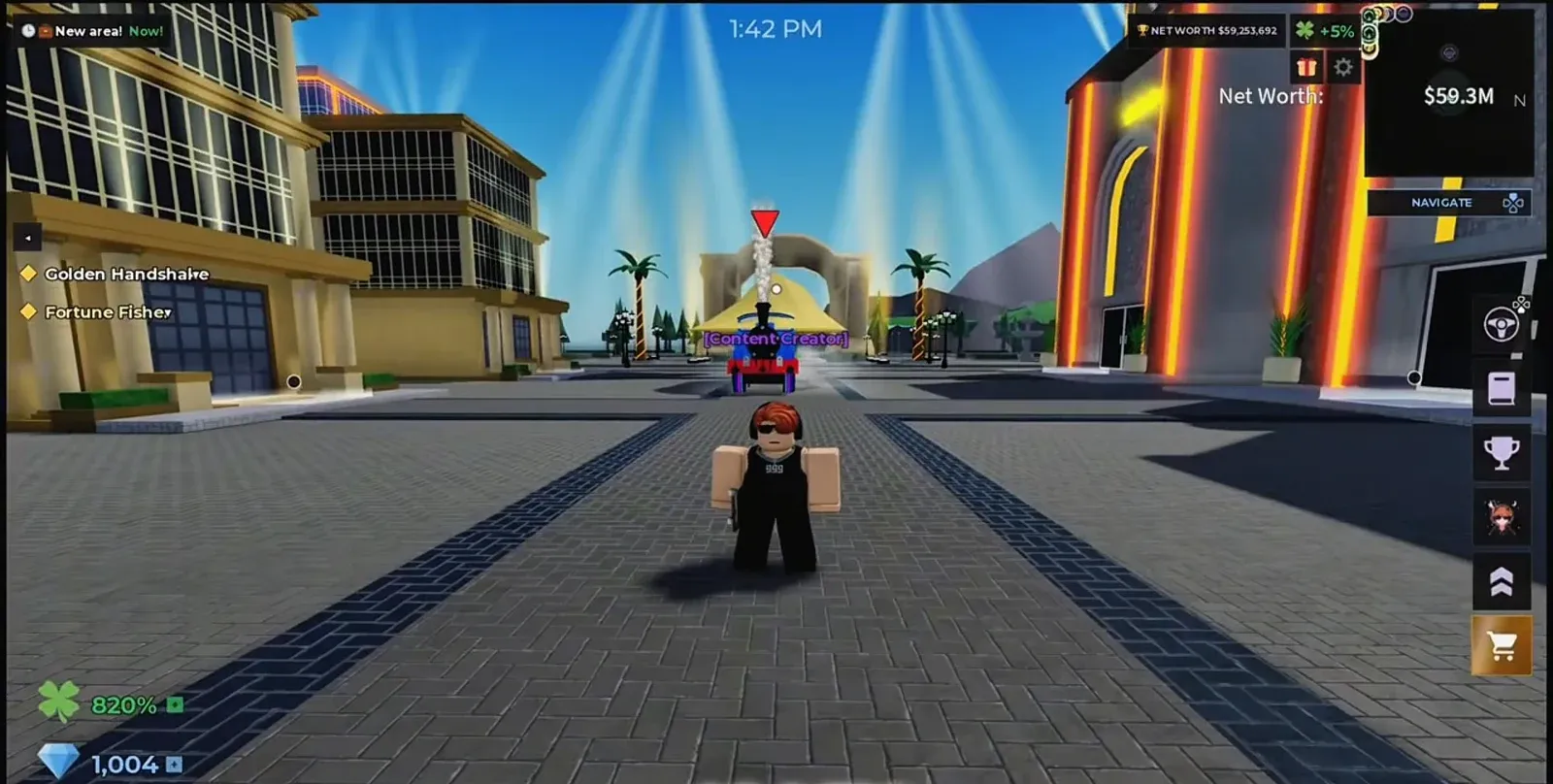 Business Bay plaza gameplay view with the gold shopping-cart button visible on the right side of the screen
