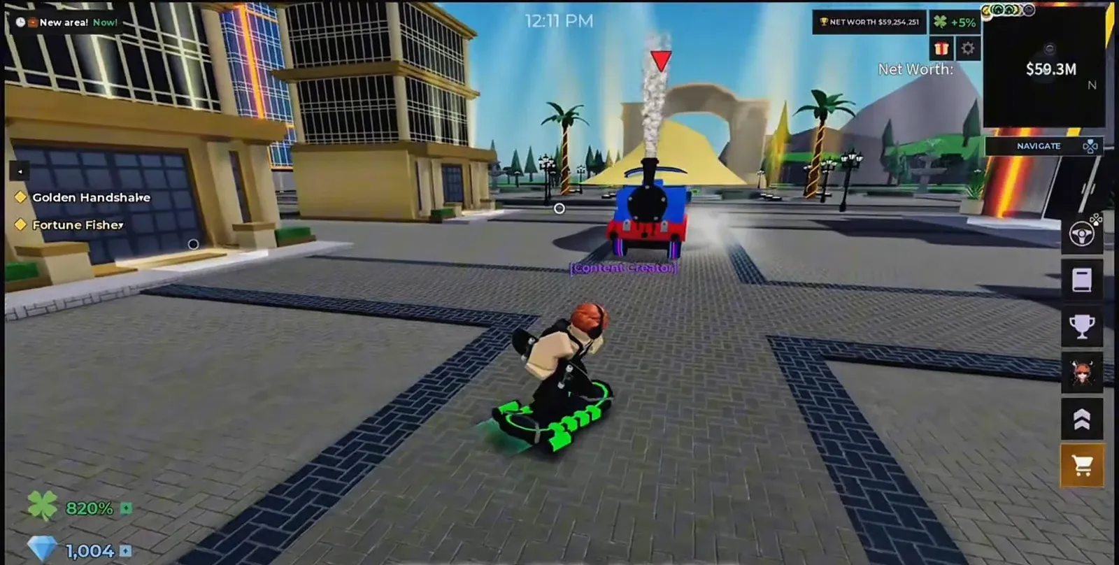 Avatar riding a glowing hoverboard across the Business Bay plaza as the Alien Invasion event timer counts down