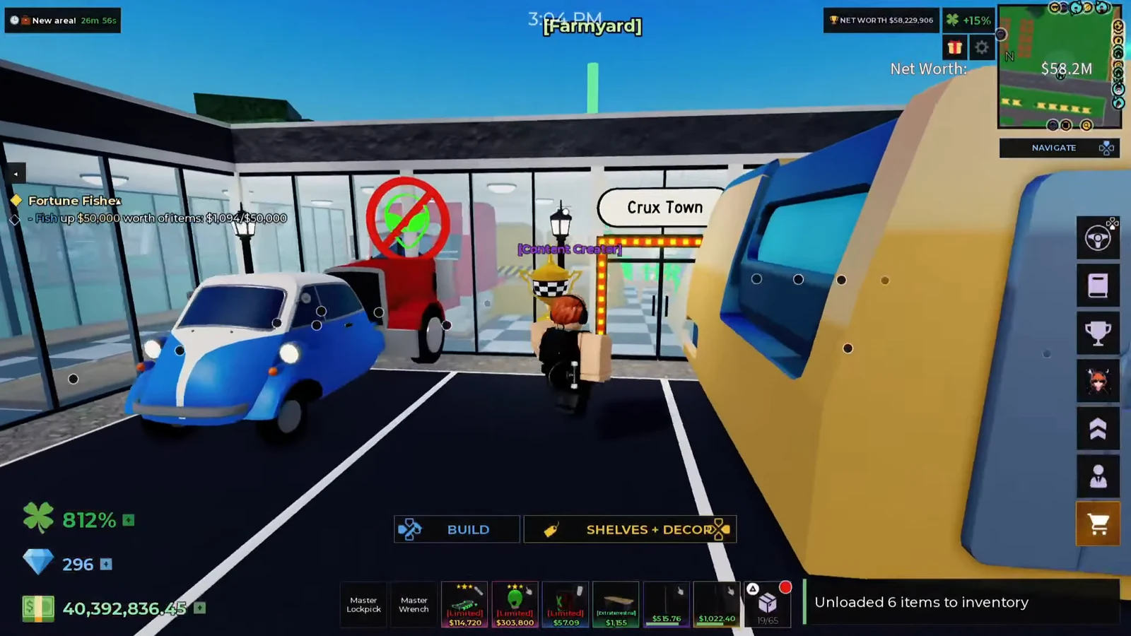 Shelves and Decor mode open outside a shop while six items are unloaded into inventory