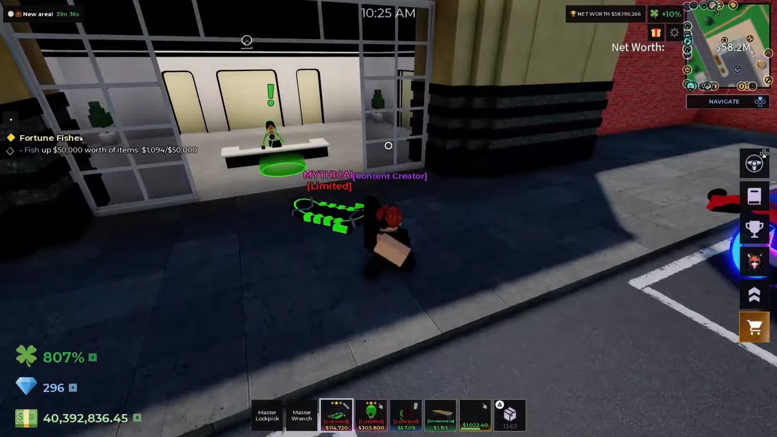 Player approaching an exclamation-marked NPC at a counter for the active Fortune Fisher quest