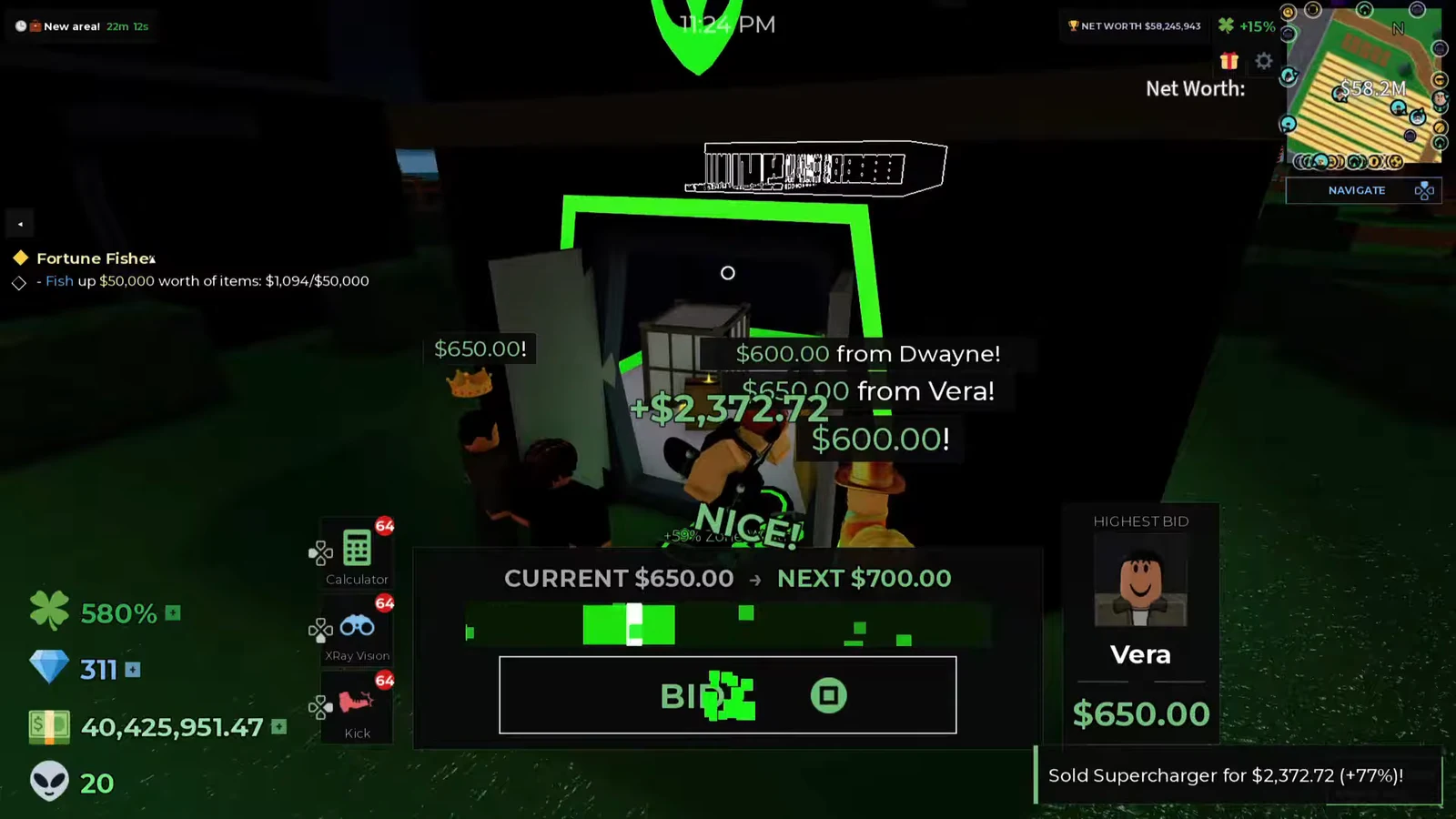Auction bidding screen with a $650 current bid and $700 next bid on the Supercharger