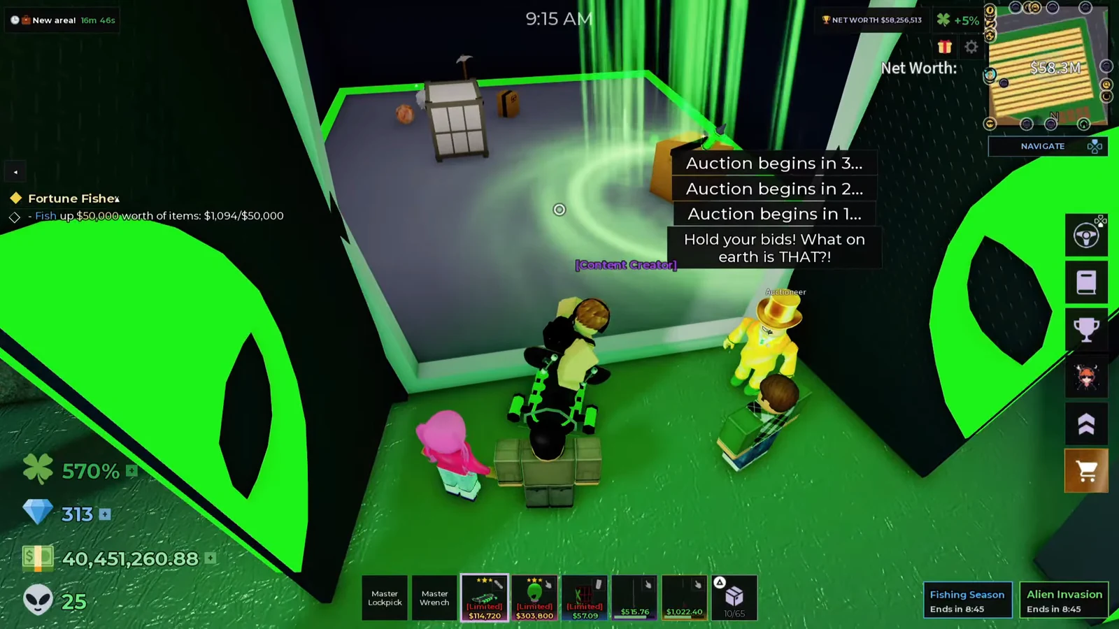 Auctioneer showing a Hold your bids countdown while players gather for the next auction