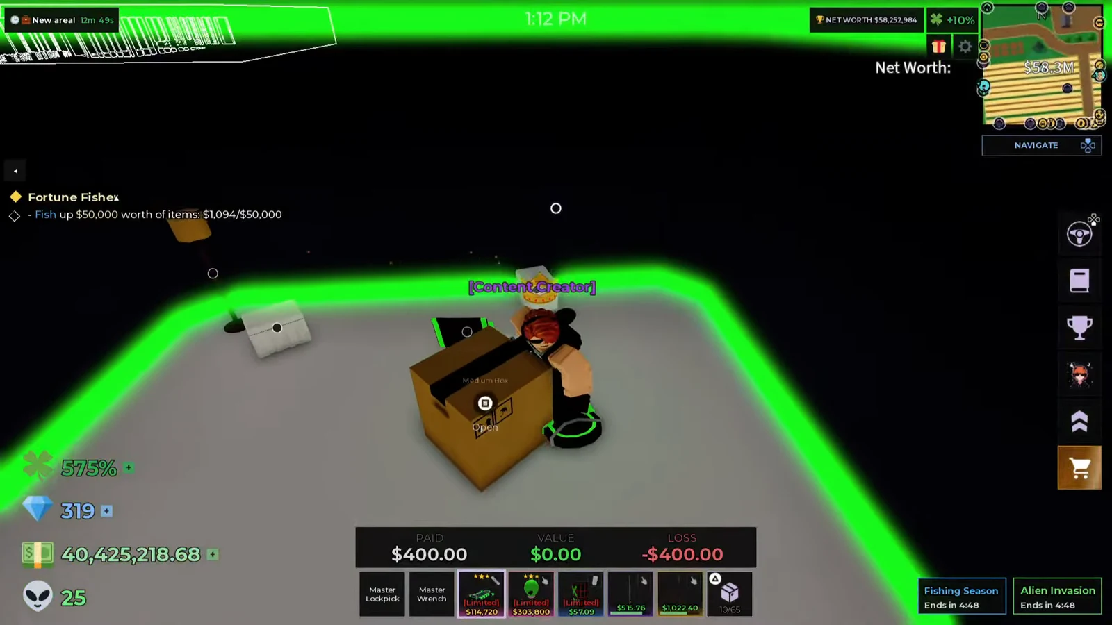Gameplay screen with a Medium box highlighted and an Open interaction prompt