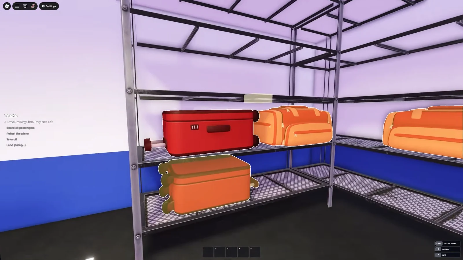 An orange suitcase highlighted on a baggage room shelf, ready to be picked up