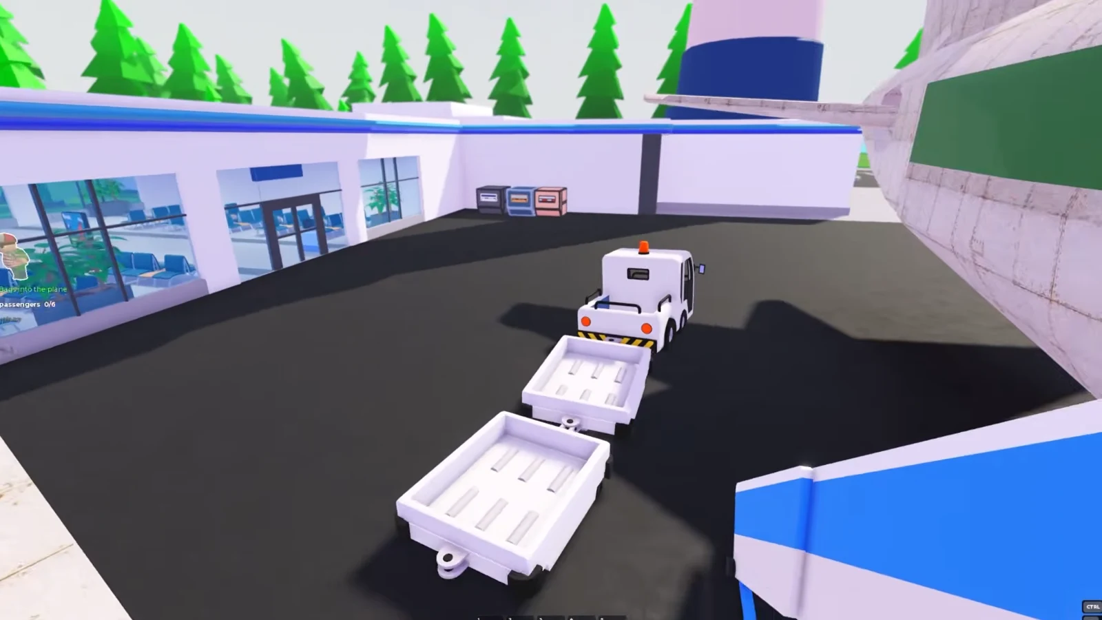 Player driving a white airport utility vehicle towing two empty luggage trailers