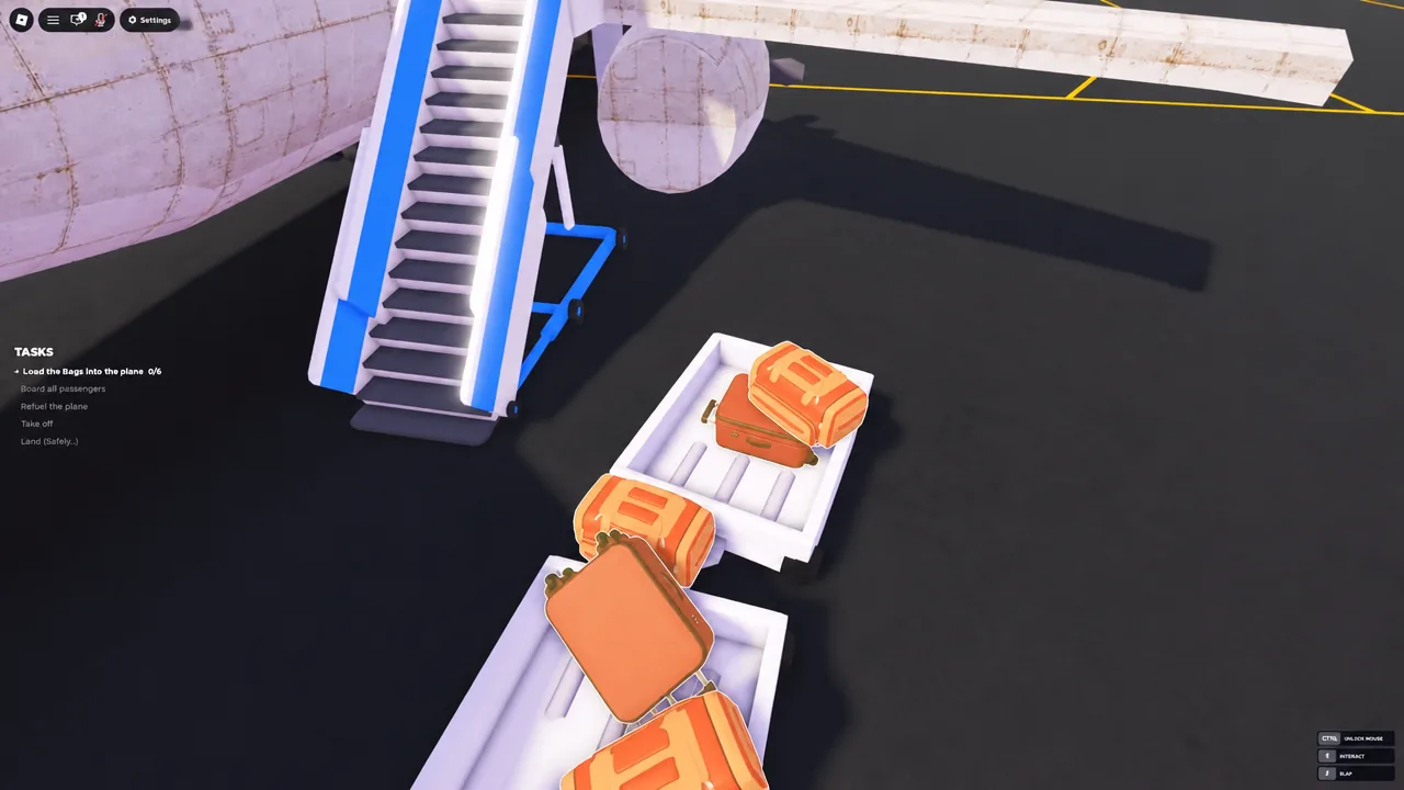 Tasks panel showing the luggage objective at 0 of 6 while bags are carried to the plane