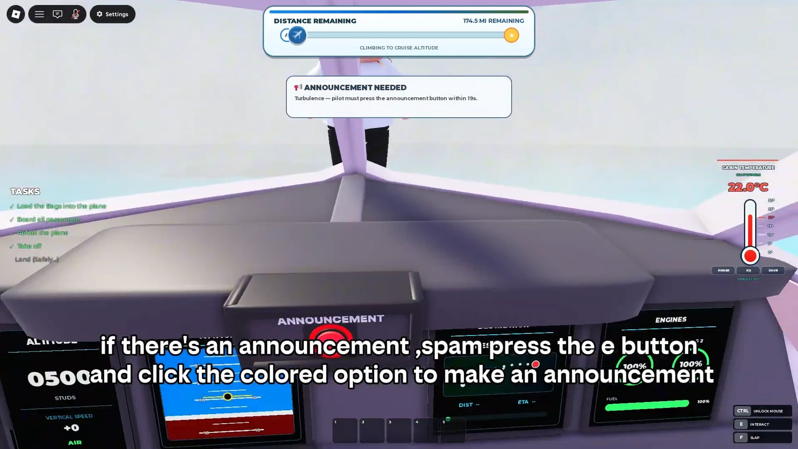 ANNOUNCEMENT NEEDED prompt telling the pilot to press the Announcement button and choose a colored option