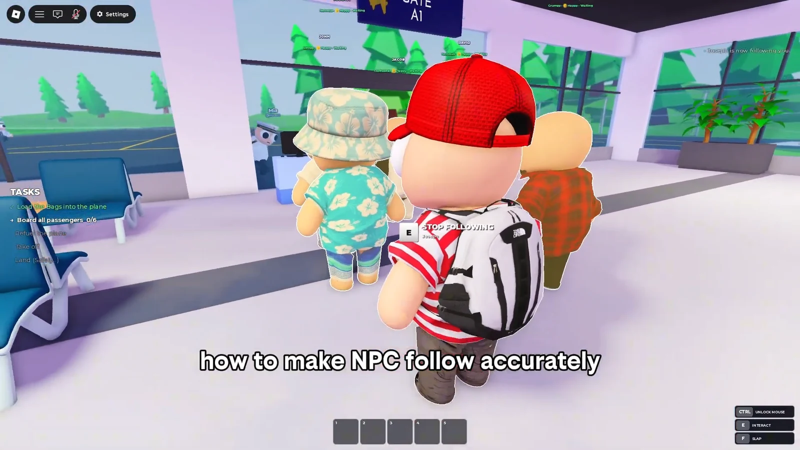 An E STOP FOLLOWING prompt shows while a passenger NPC follows the player inside the airport