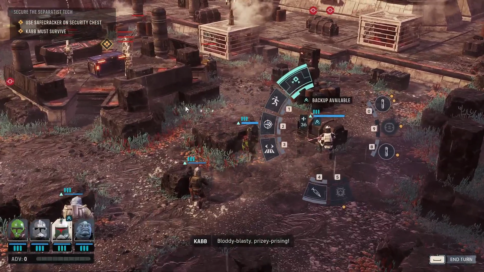 Tactical ability wheel with Backup Available selected as the squad moves to secure the tech