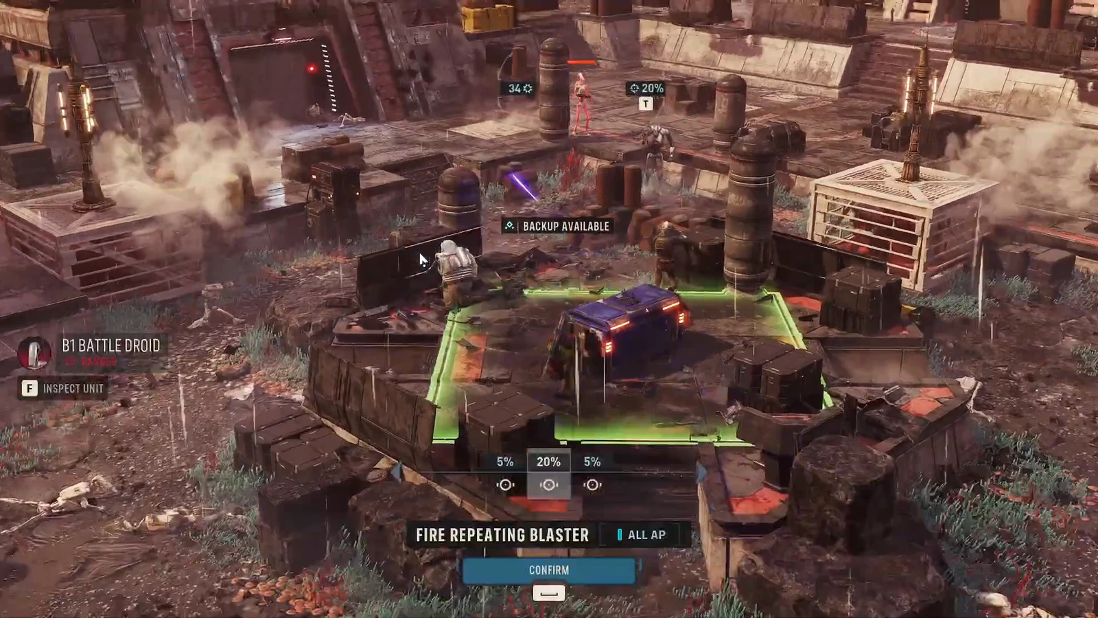 B1 Battle Droid Fire Repeating Blaster attack selected with hit chances and Confirm button