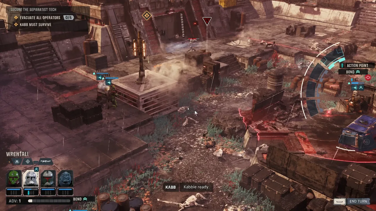 Squad moving up the structure while setting overwatch to cover the retreat