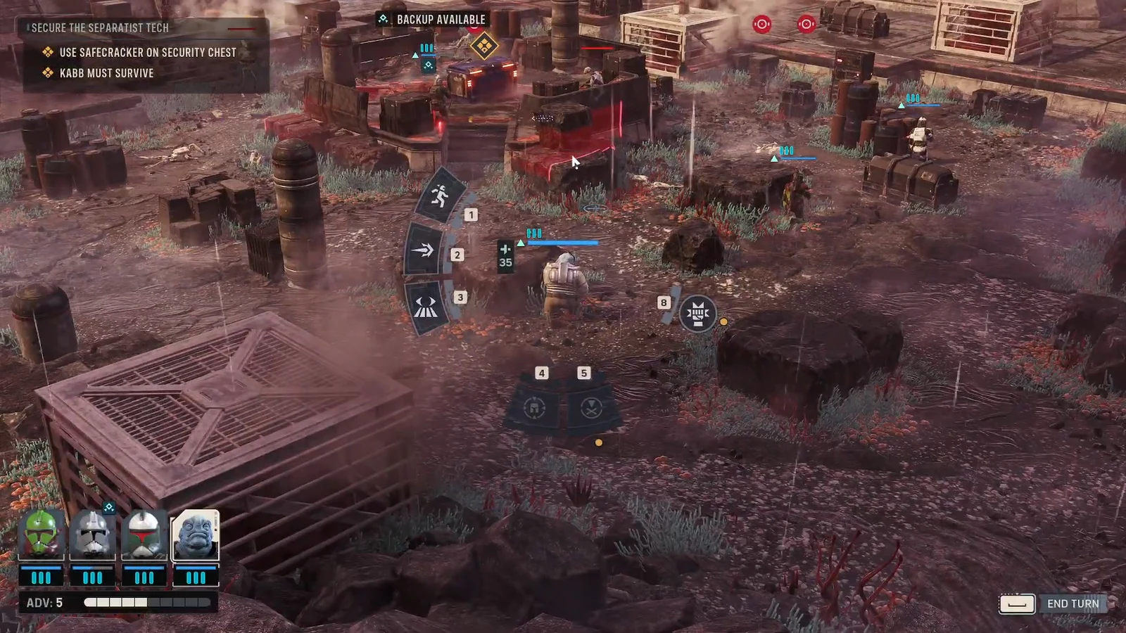 Squad positioned near the security chest with the End Turn button available
