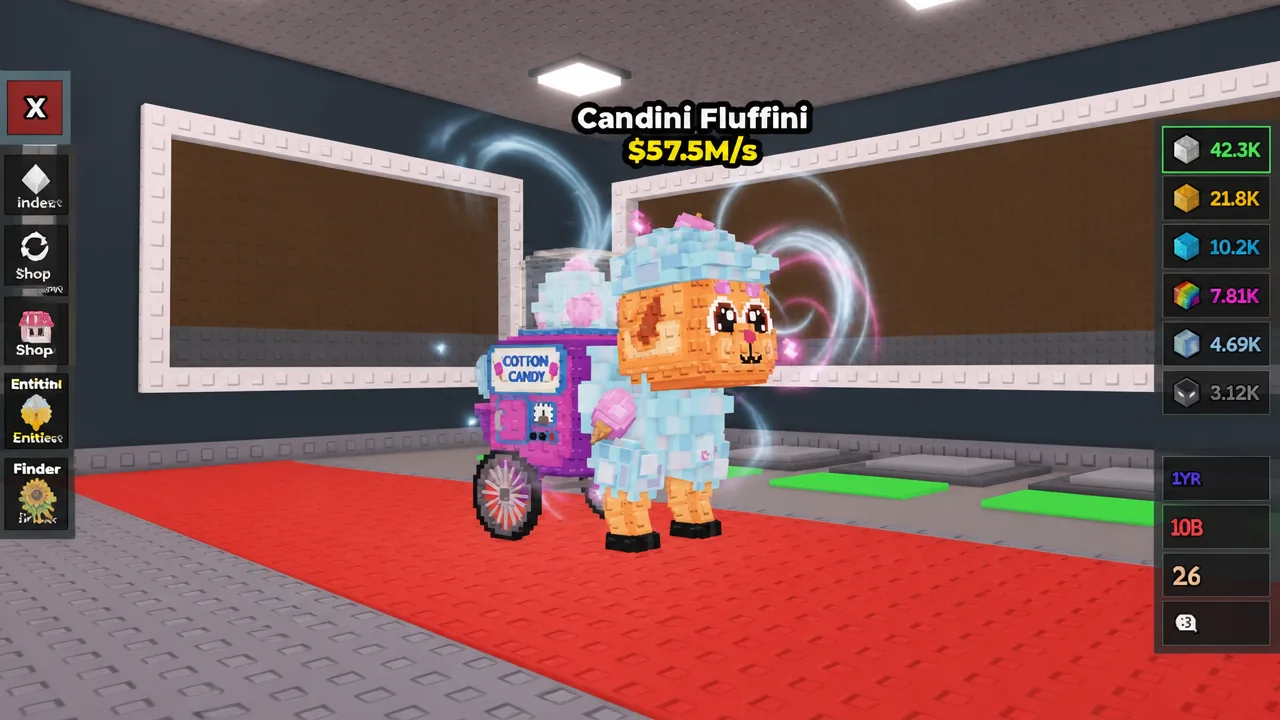 Candini Fluffini standing in a base with its $57.5M per second income counter shown