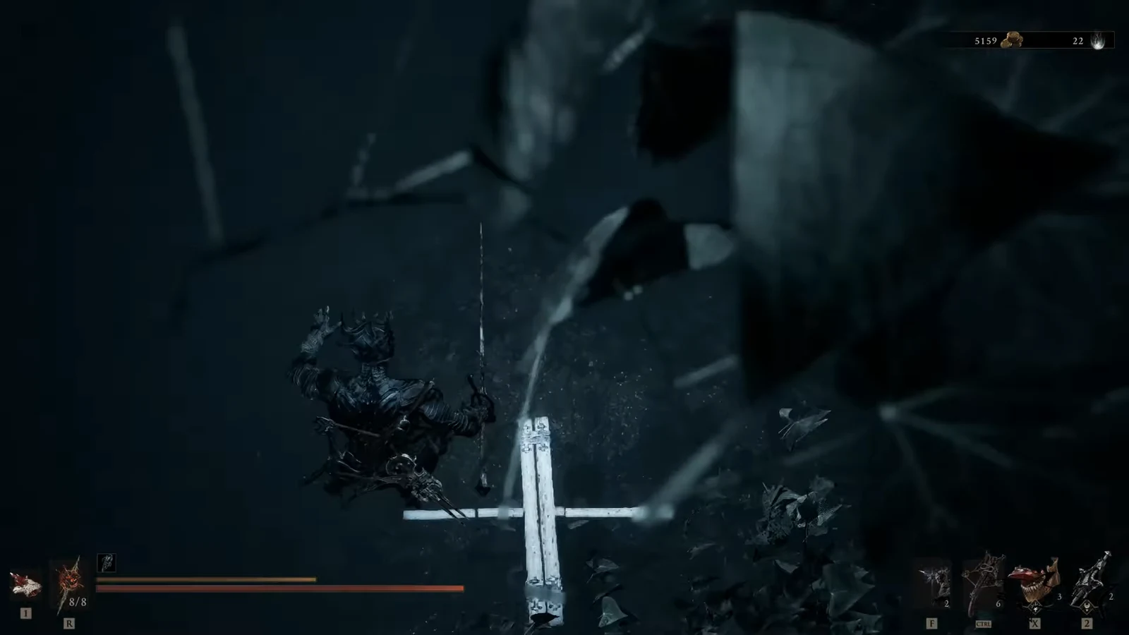 Player fighting a large sword-wielding boss inside a dark circular pit arena