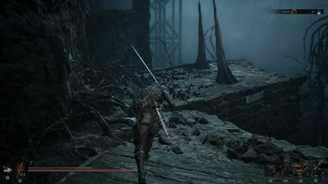 Character running along a ruined stone walkway toward the ledge above the pit