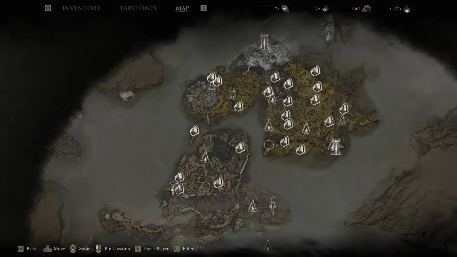 World map screen with the cursor hovering over the central region and several unlocked markers