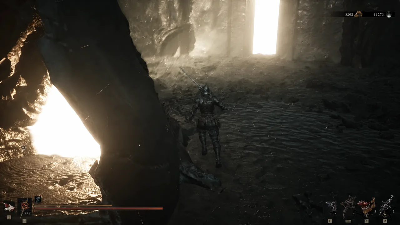 Armored character sprinting through a dark underground passage beneath the fortress