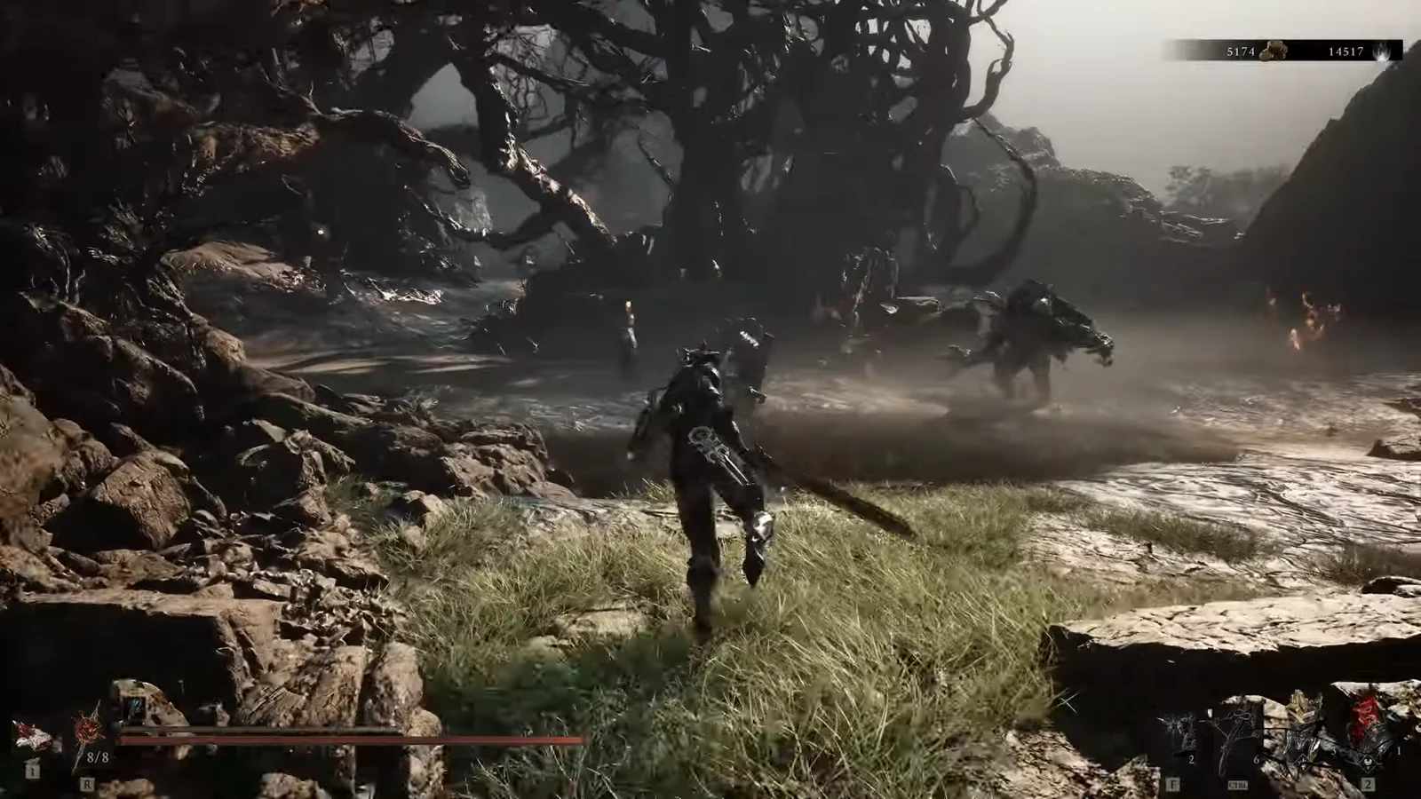 Player character closing in on a group of enemies in a marsh, combat HUD visible