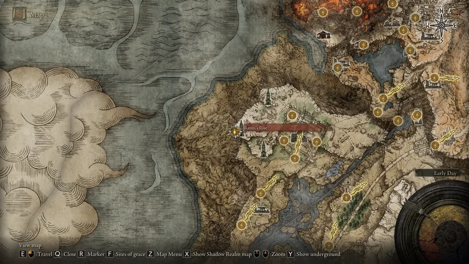 Elden Ring world map with the Ranni's Rise Site of Grace selected for fast travel in western Liurnia