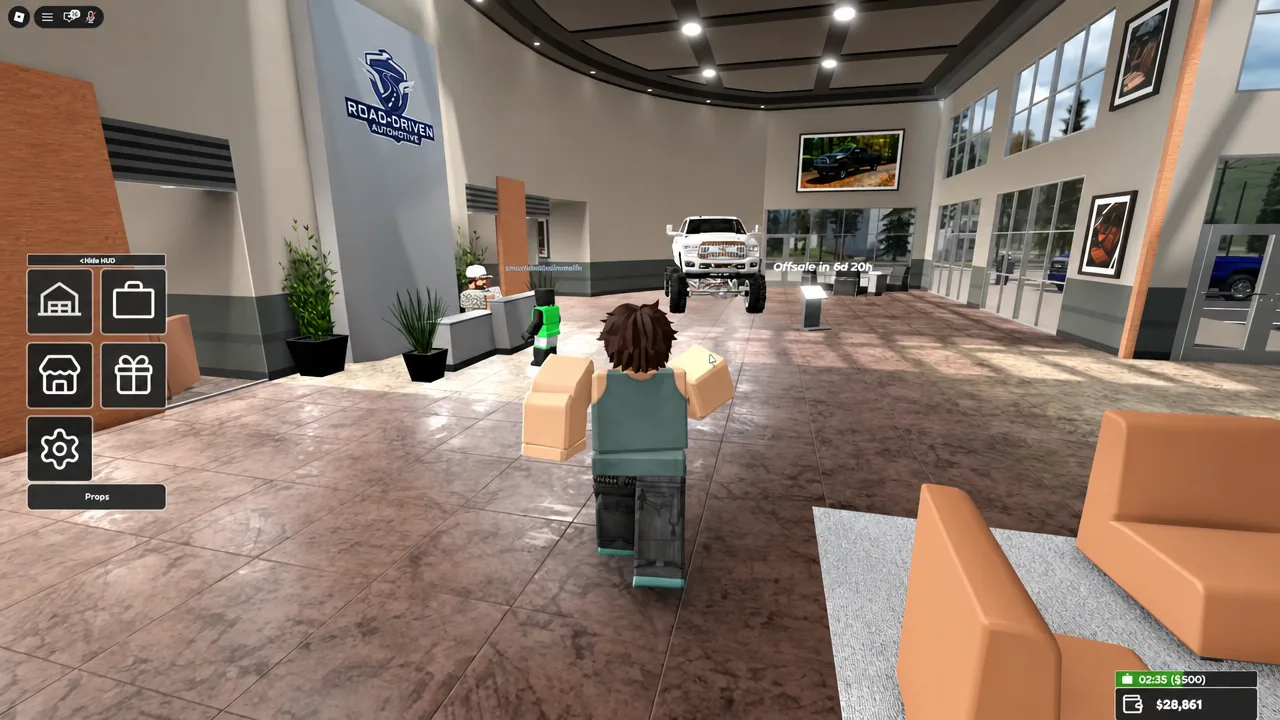Player avatar walking toward a display truck inside the Road-Driven Automotive showroom