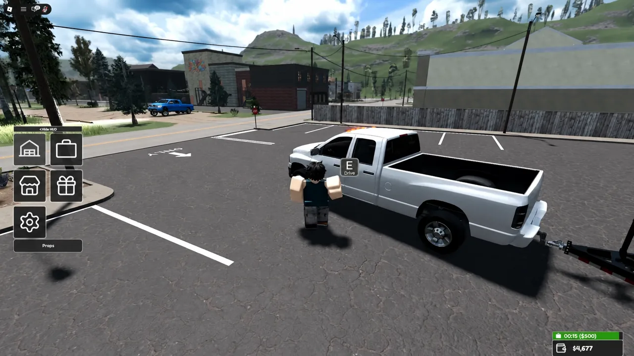 Drive prompt highlighted as the player walks up to a parked pickup truck