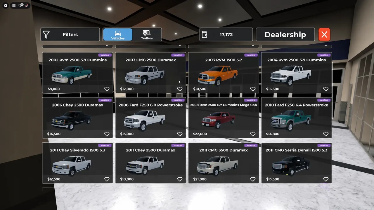 Dealership Vehicles tab showing a grid of purchasable trucks