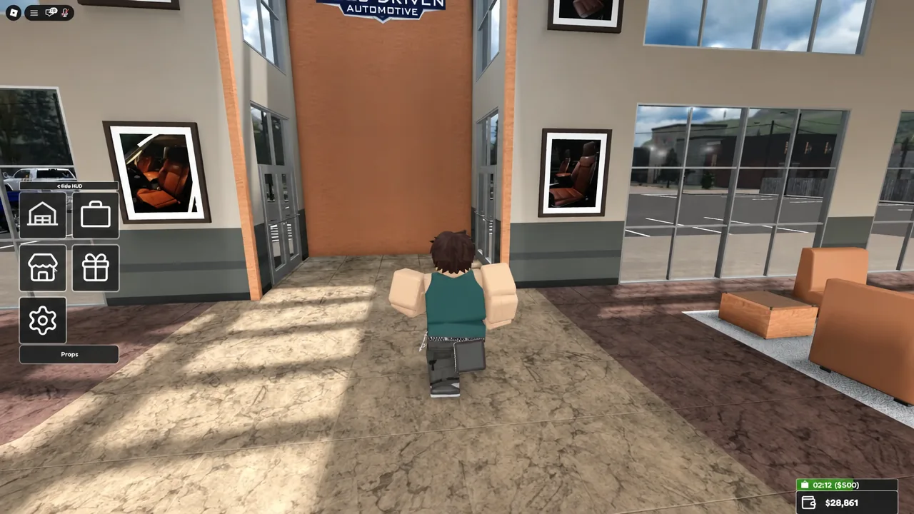 Player walking through the dealership lobby with the HUD menu visible