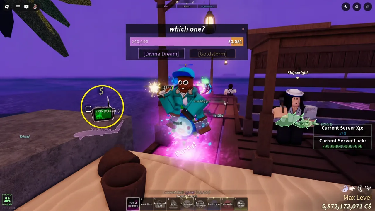 Fisch selection prompt asking which option to use, with Divine Dream and Goldstorm buttons