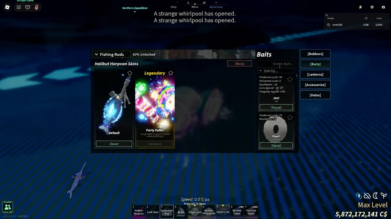 The Baits tab open in Fisch showing bait items with Equip buttons