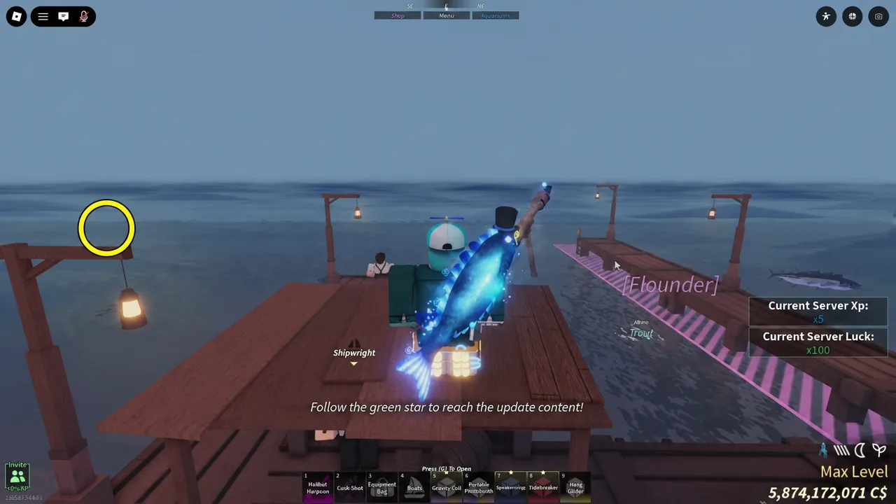 Fisch shop page showing the Party Puffer Halibut Harpoon skin priced at 1,350 Robux