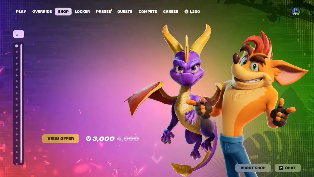 Item Shop screen with the View Offer button highlighted on a Spyro and Crash Bandicoot bundle