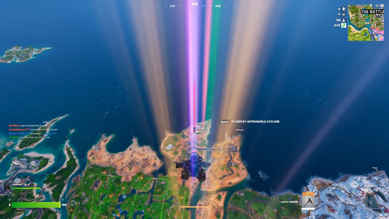 Skydiving toward the island with the glider deploy prompt on screen