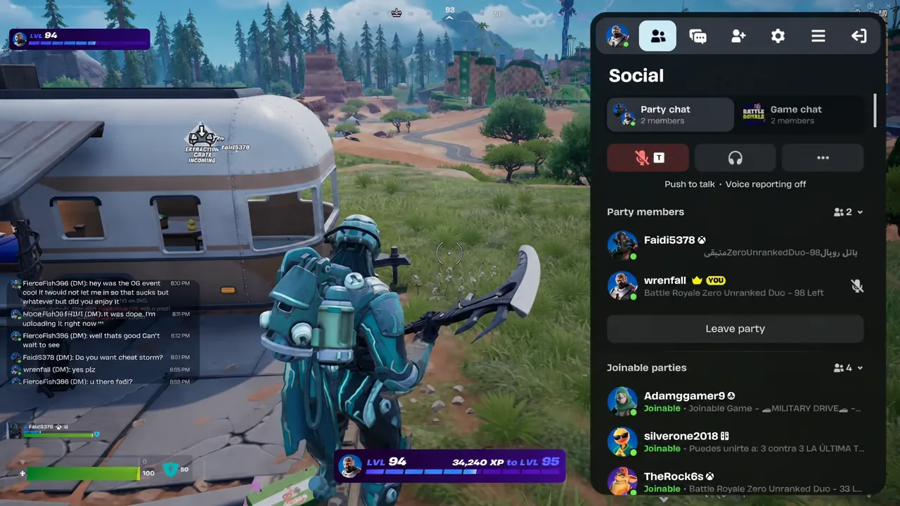 Fortnite Social screen showing party chat, party members and joinable parties