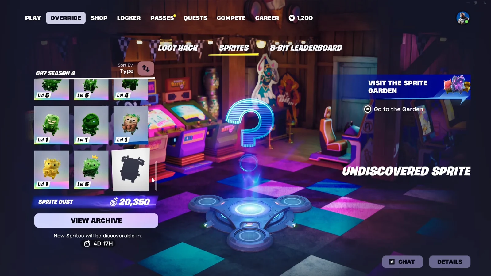 Override menu Sprites tab showing an undiscovered sprite and the Go to the Garden option