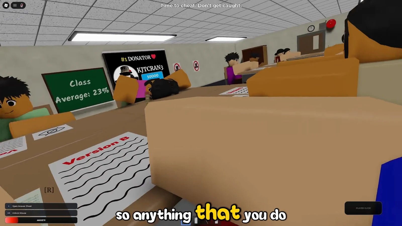 Version B answer sheet open on the desk mid-test while cheating