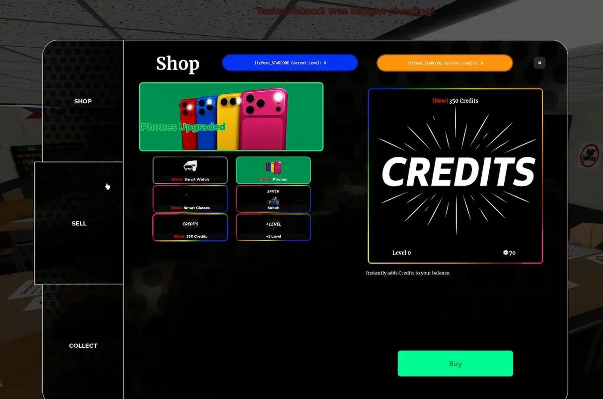 Shop menu with the Credits pack selected and the Buy button highlighted